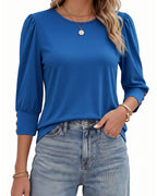 MANGOPOP 3/4 Puff Sleeve Tunic Light Came Blouse Royal Blue
