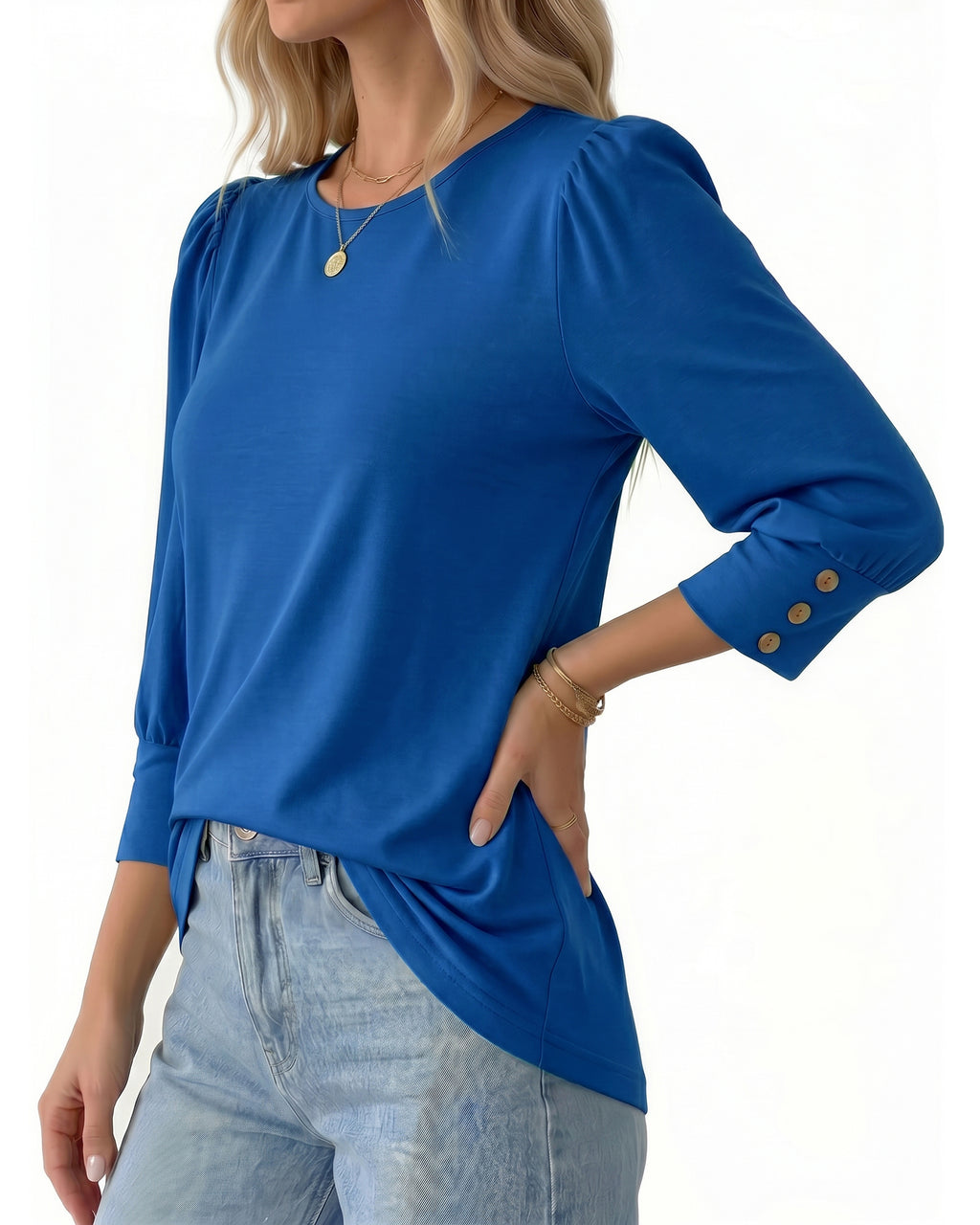 MANGOPOP 3/4 Puff Sleeve Tunic Light Came Blouse Royal Blue