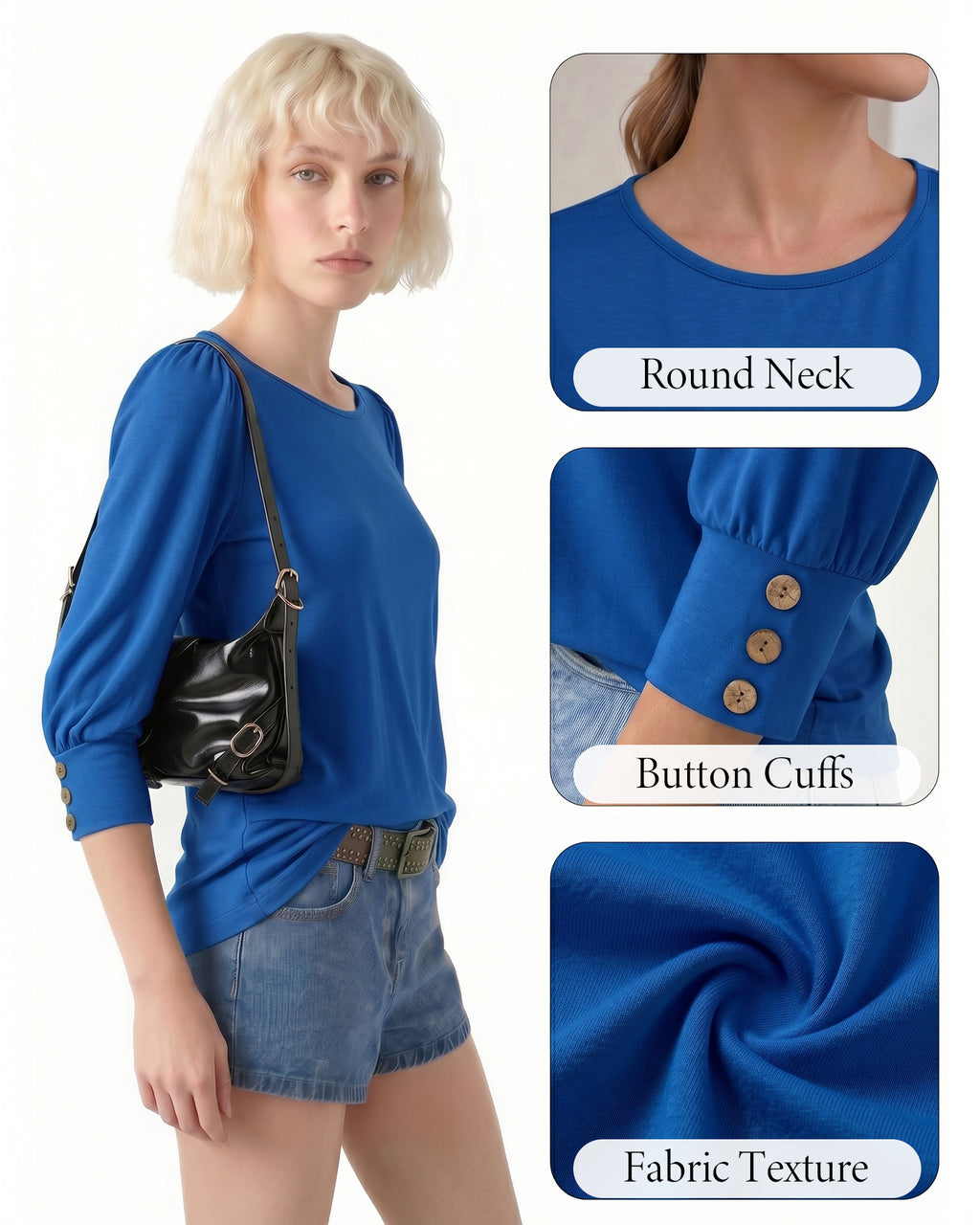 MANGOPOP 3/4 Puff Sleeve Tunic Light Came Blouse Royal Blue