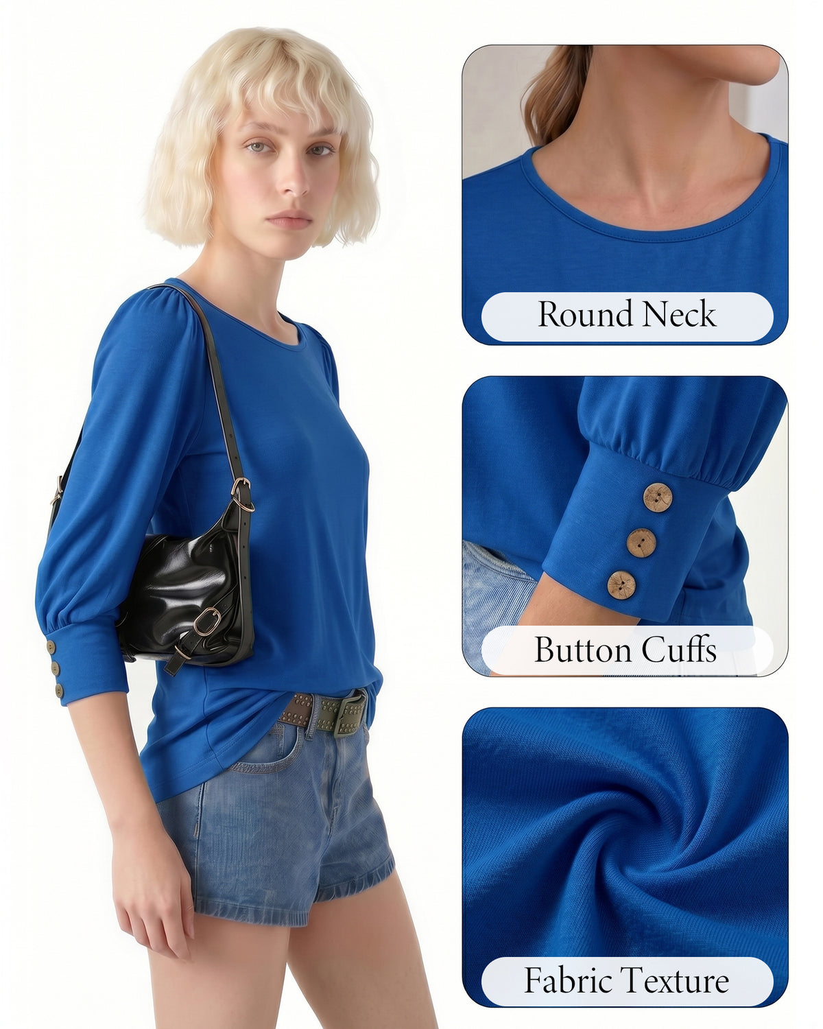 MANGOPOP 3/4 Puff Sleeve Tunic Light Came Blouse Royal Blue