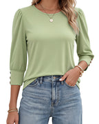 MANGOPOP 3/4 Puff Sleeve Tunic Light Came Blouse Sage Green