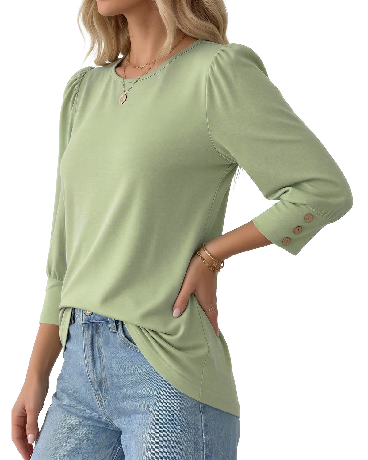 MANGOPOP 3/4 Puff Sleeve Tunic Light Came Blouse Sage Green