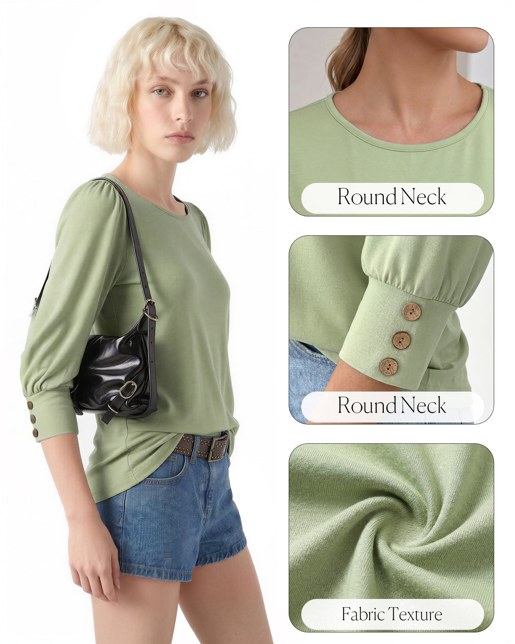 MANGOPOP 3/4 Puff Sleeve Tunic Light Came Blouse Sage Green
