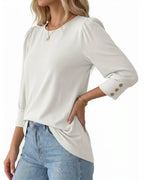 MANGOPOP 3/4 Puff Sleeve Tunic Light Came Blouse White