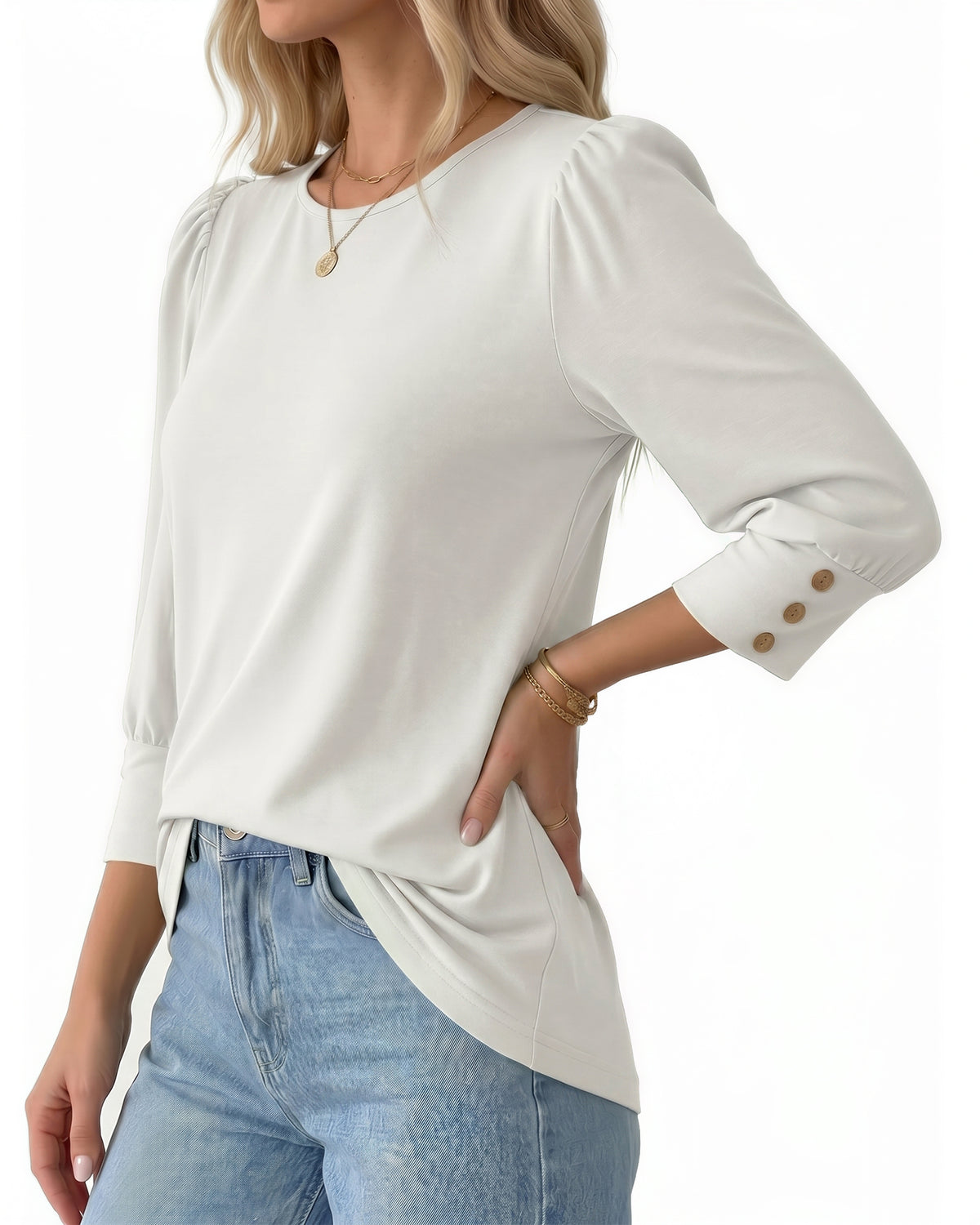 MANGOPOP 3/4 Puff Sleeve Tunic Light Came Blouse White