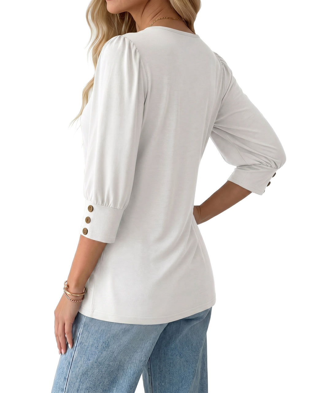 MANGOPOP 3/4 Puff Sleeve Tunic Light Came Blouse White