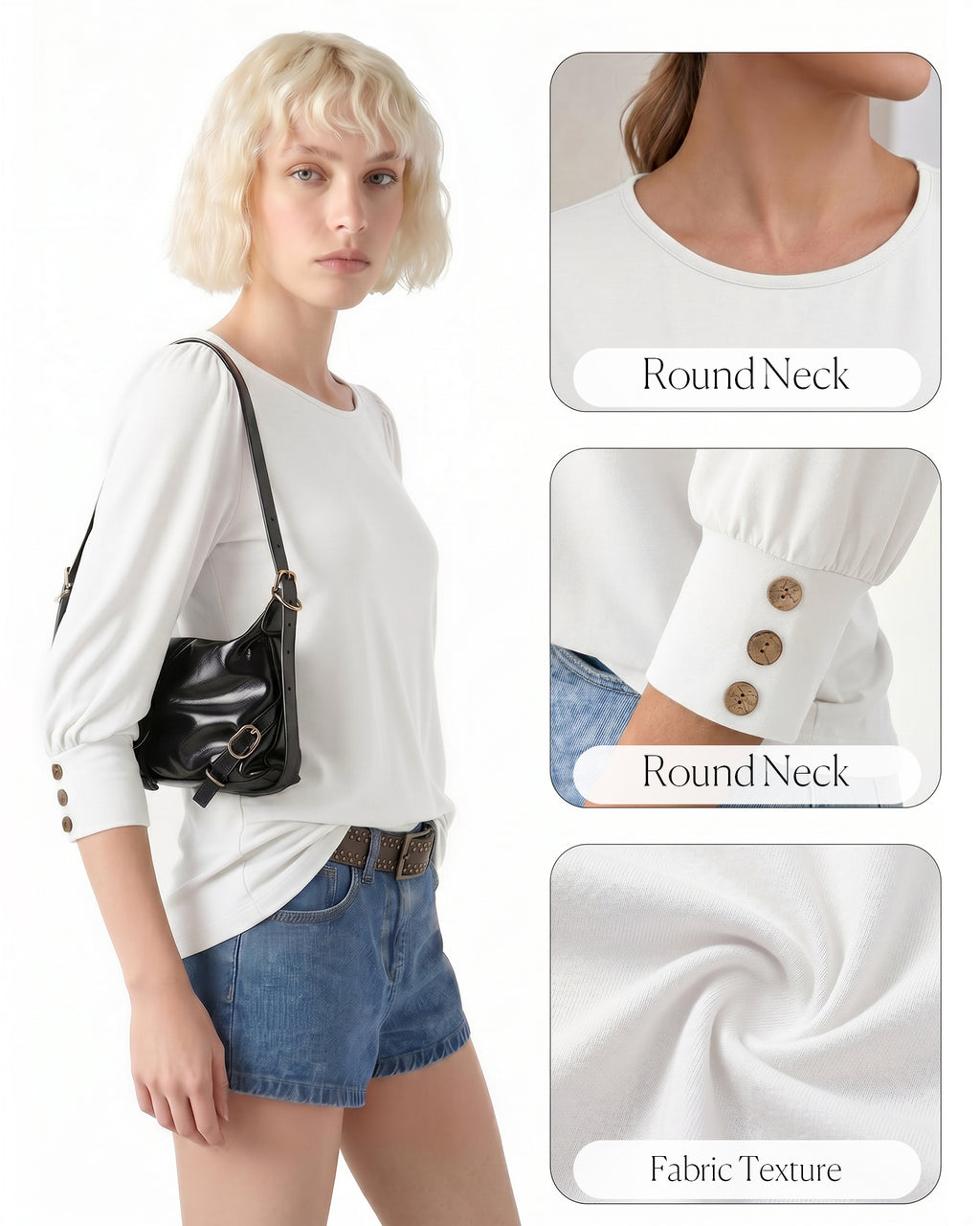 MANGOPOP 3/4 Puff Sleeve Tunic Light Came Blouse White