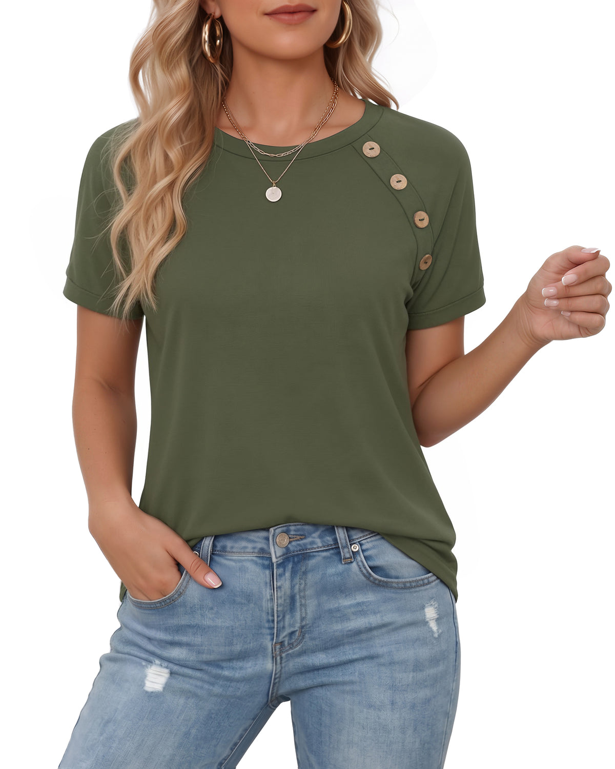 MANGOPOP Short-Sleeve Tunic T-Button Top Army Green