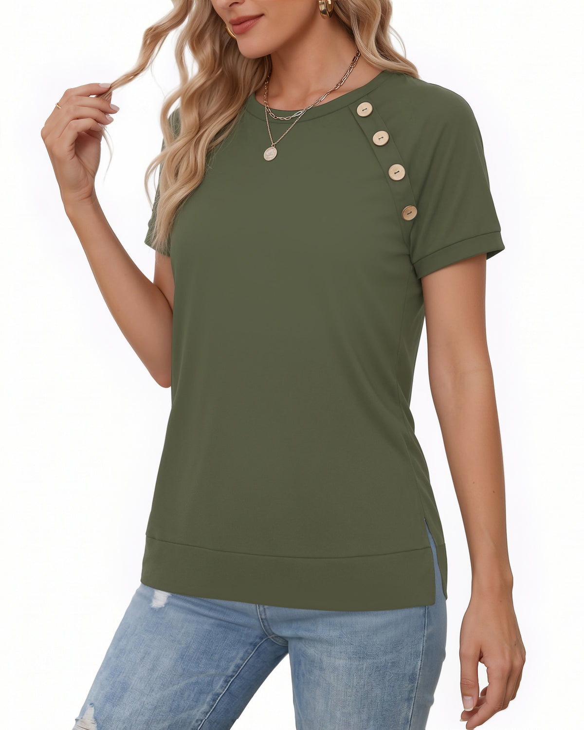 MANGOPOP Short-Sleeve Tunic T-Button Top Army Green
