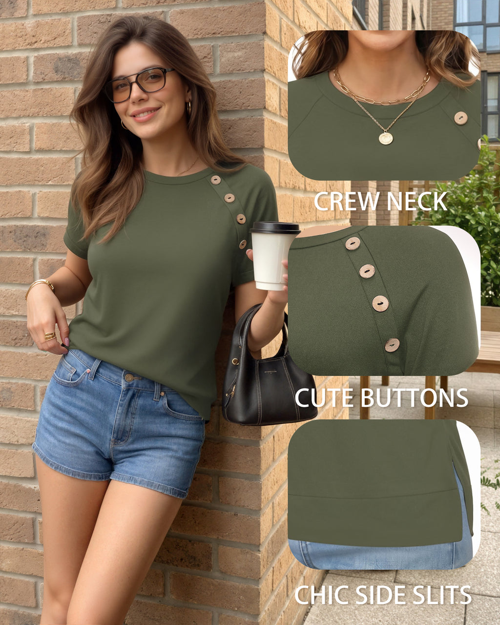 MANGOPOP Short-Sleeve Tunic T-Button Top Army Green