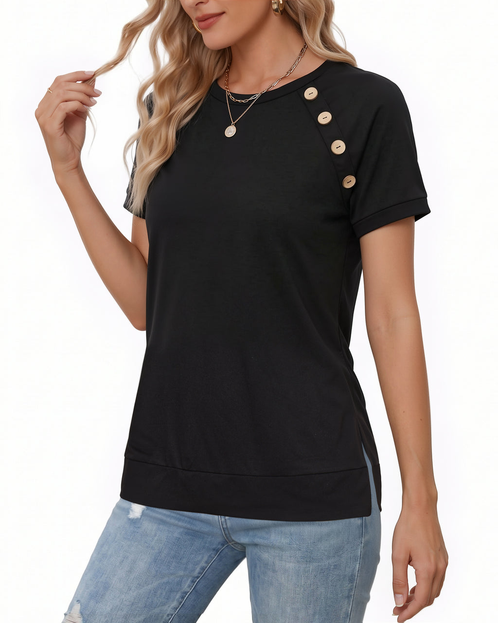 MANGOPOP Short-Sleeve Tunic T-Button Top Black