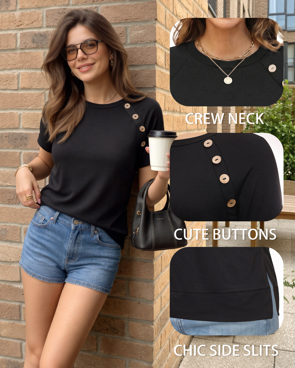 MANGOPOP Short-Sleeve Tunic T-Button Top Black