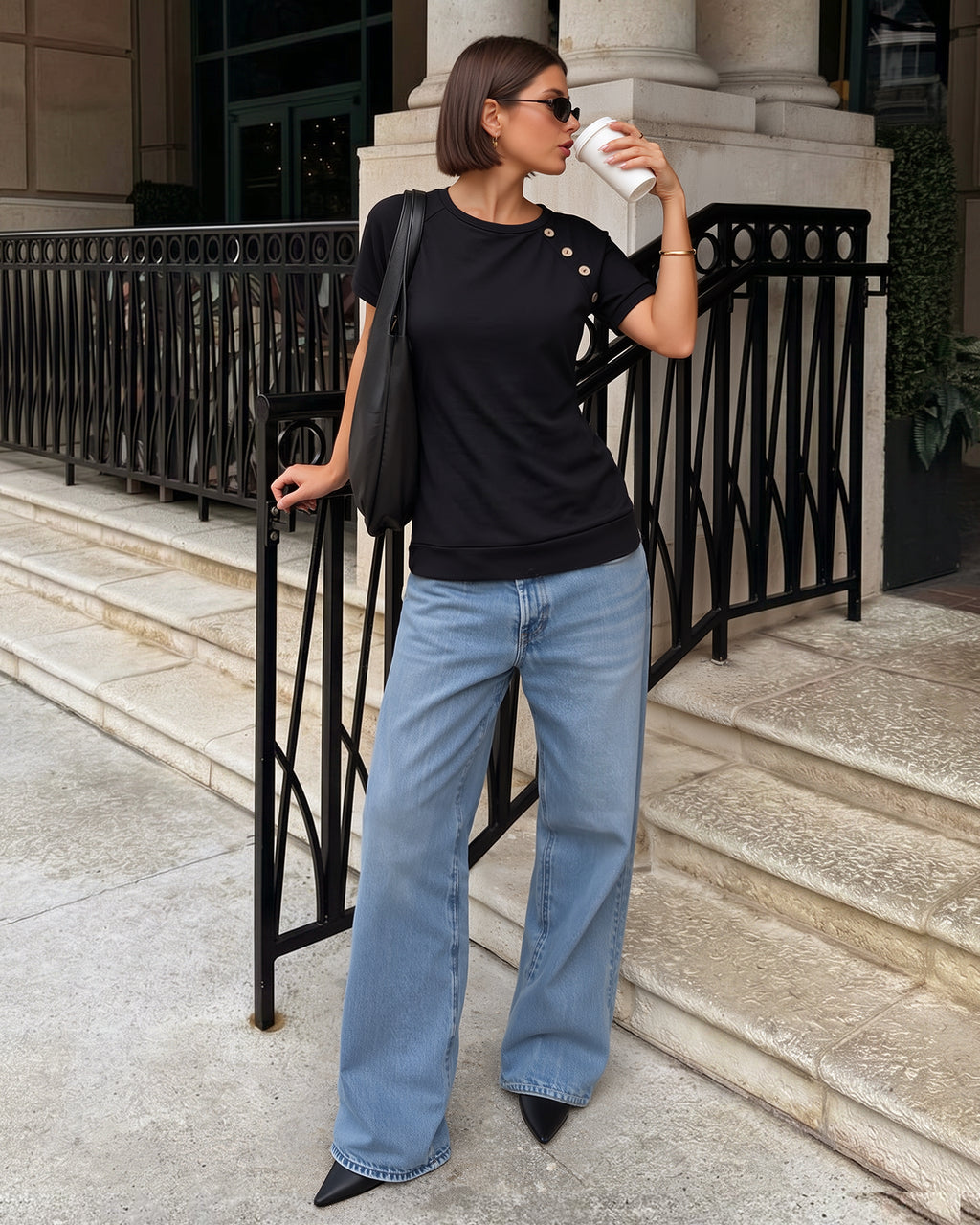 MANGOPOP Short-Sleeve Tunic T-Button Top Black