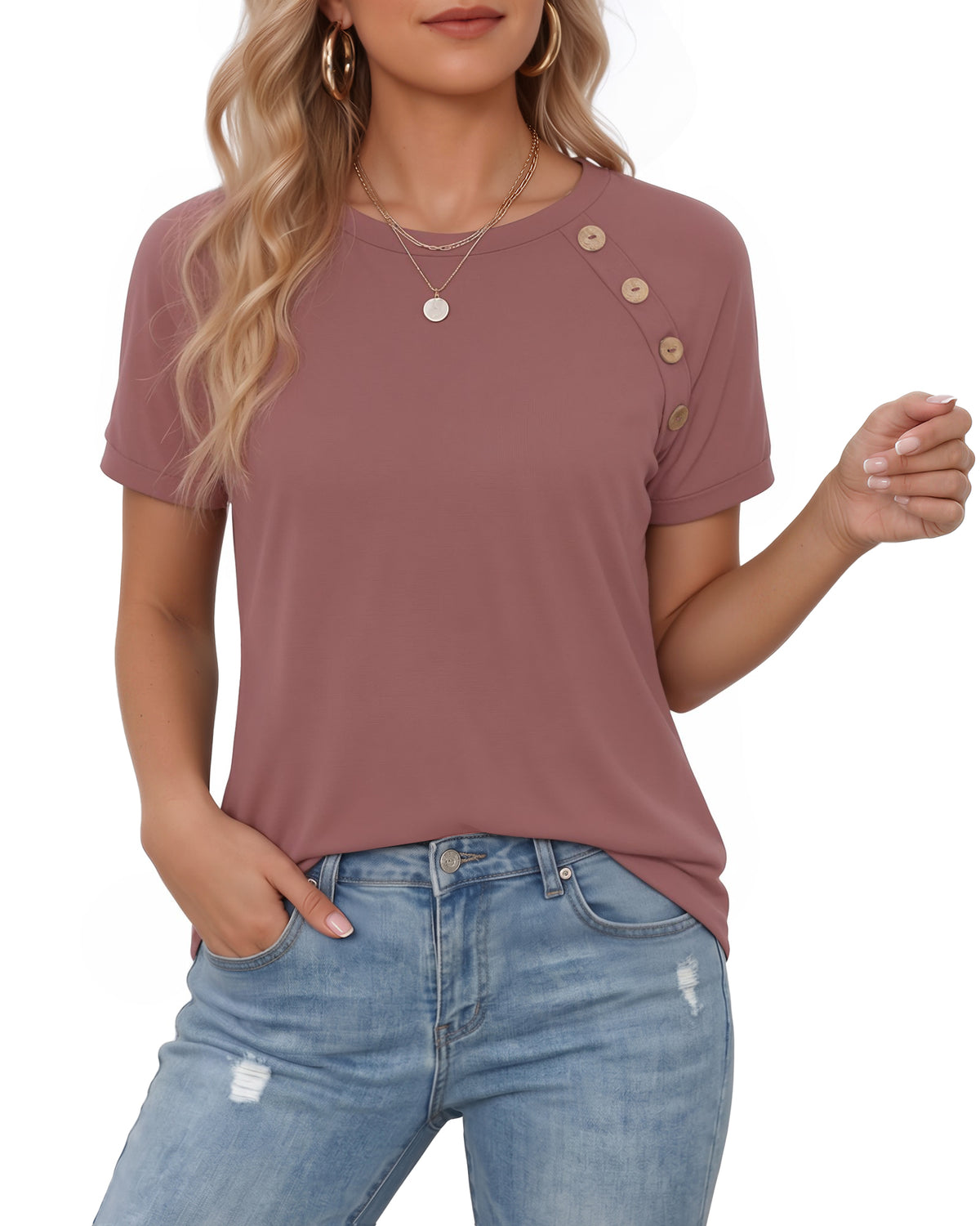 MANGOPOP Short-Sleeve Tunic T-Button Top Marsala