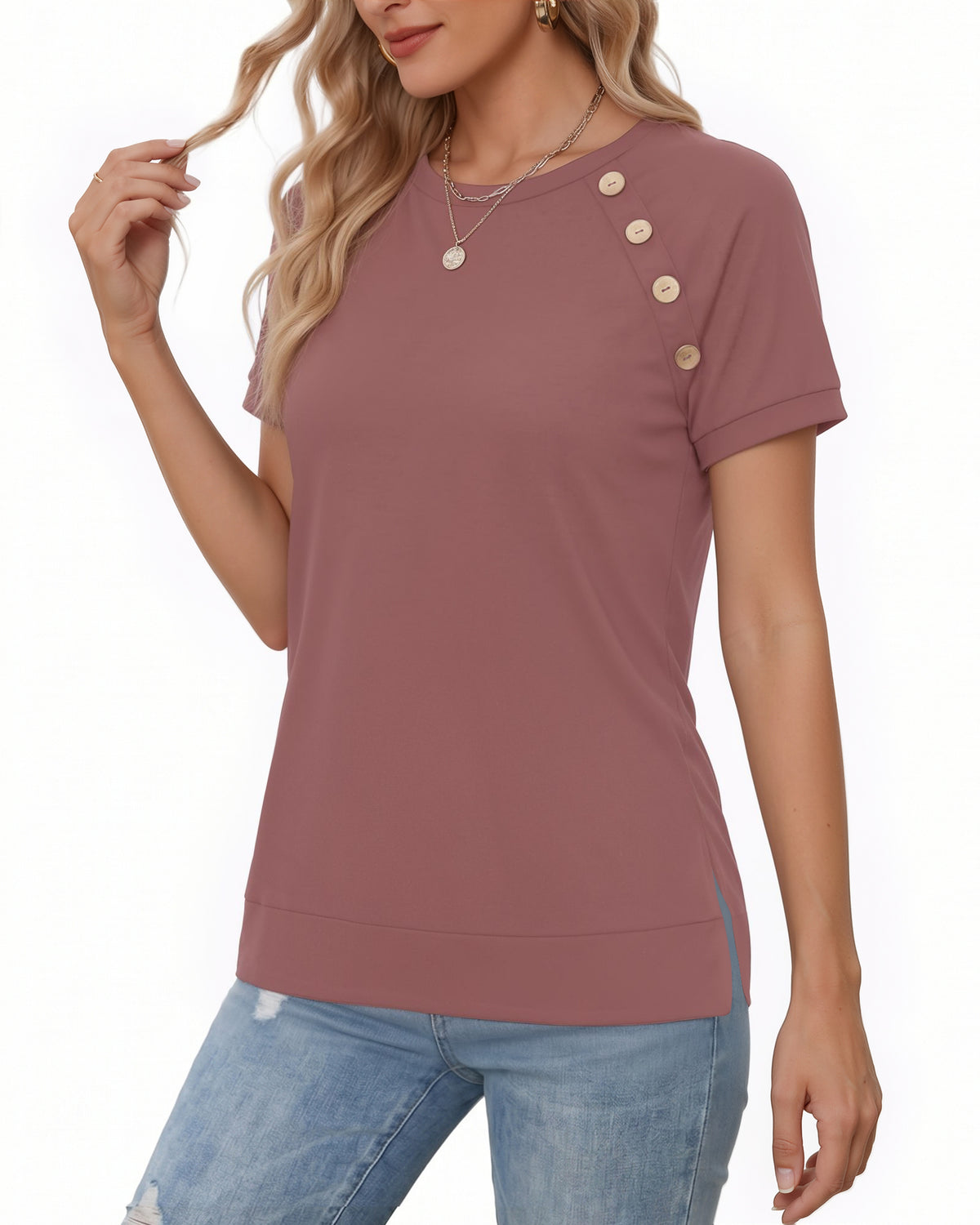 MANGOPOP Short-Sleeve Tunic T-Button Top Marsala