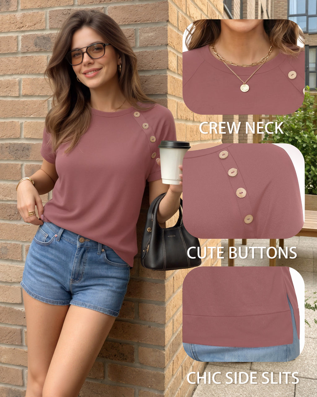 MANGOPOP Short-Sleeve Tunic T-Button Top Marsala