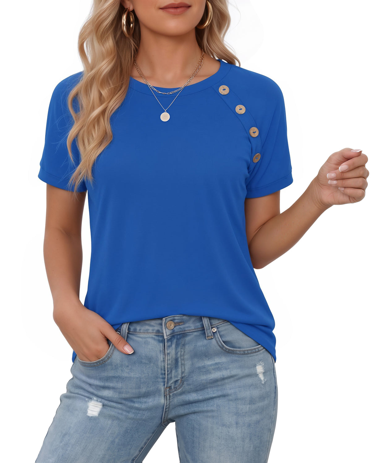 MANGOPOP Short-Sleeve Tunic T-Button Top Royal Blue