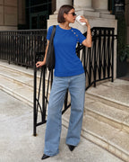 MANGOPOP Short-Sleeve Tunic T-Button Top Royal Blue