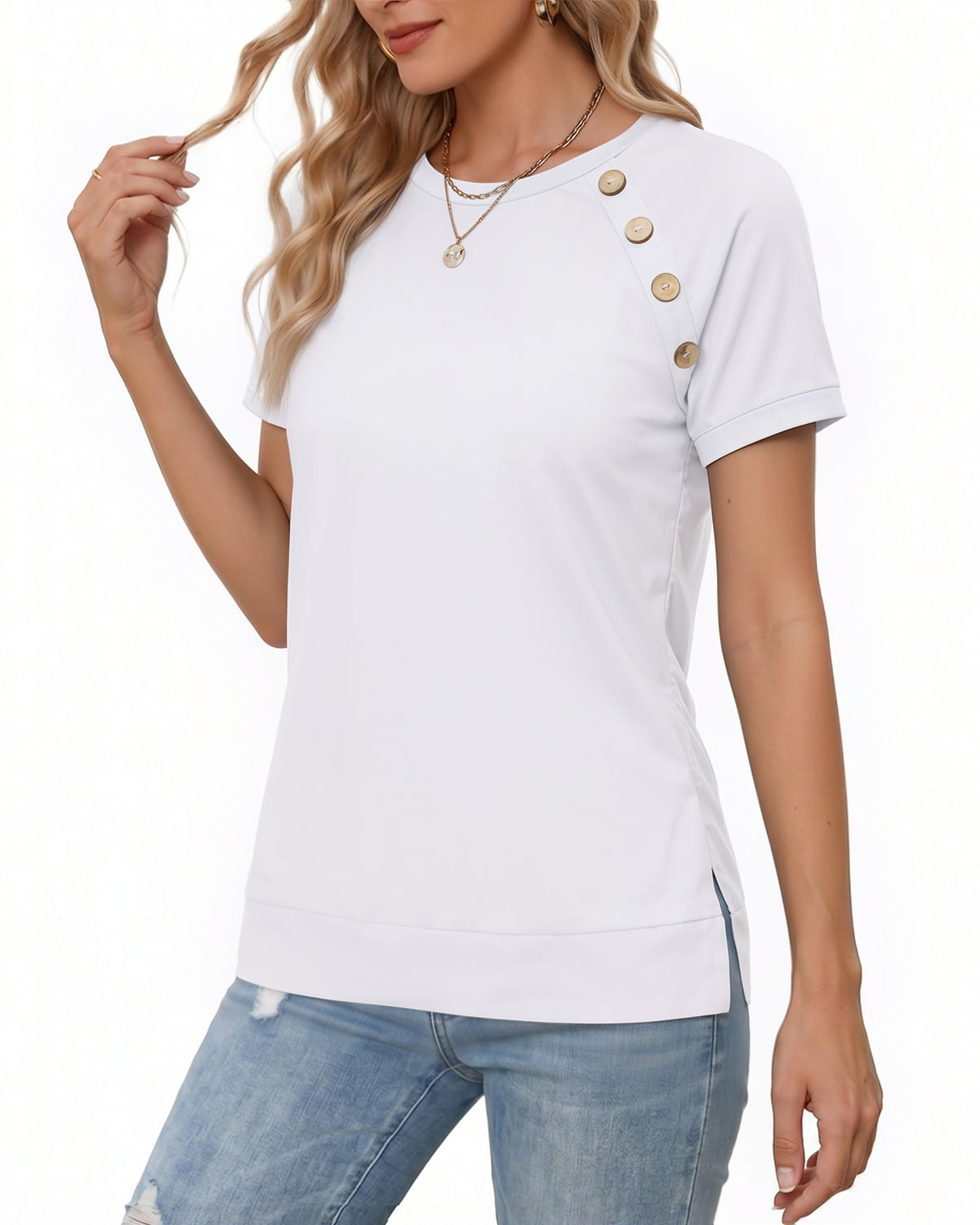 MANGOPOP Short-Sleeve Tunic T-Button Top White