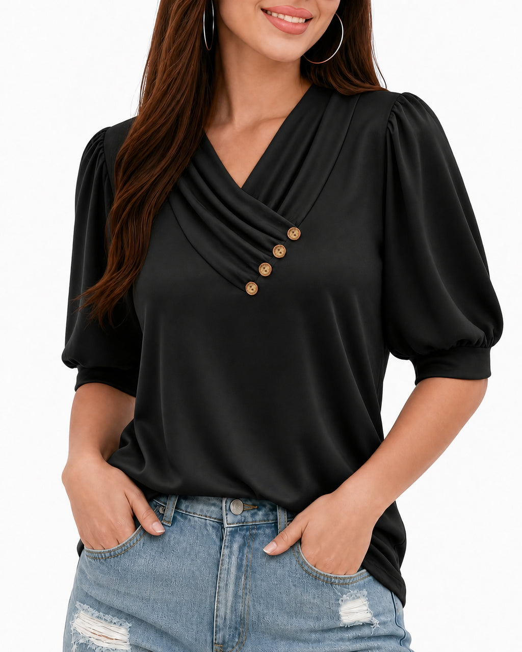 MANGOPOP V-Neck Short-Sleeve Tunic Top Black