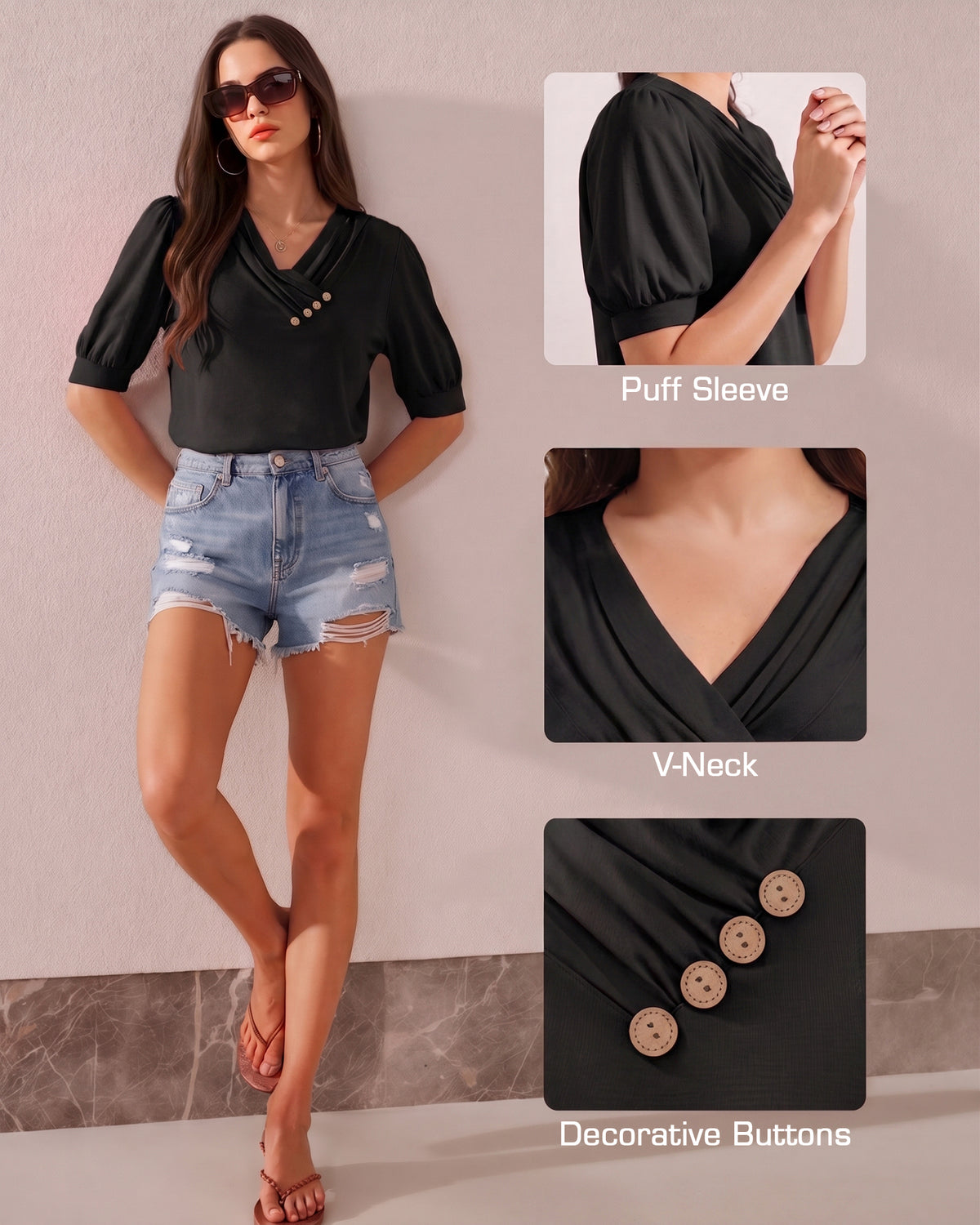 MANGOPOP V-Neck Short-Sleeve Tunic Top Black
