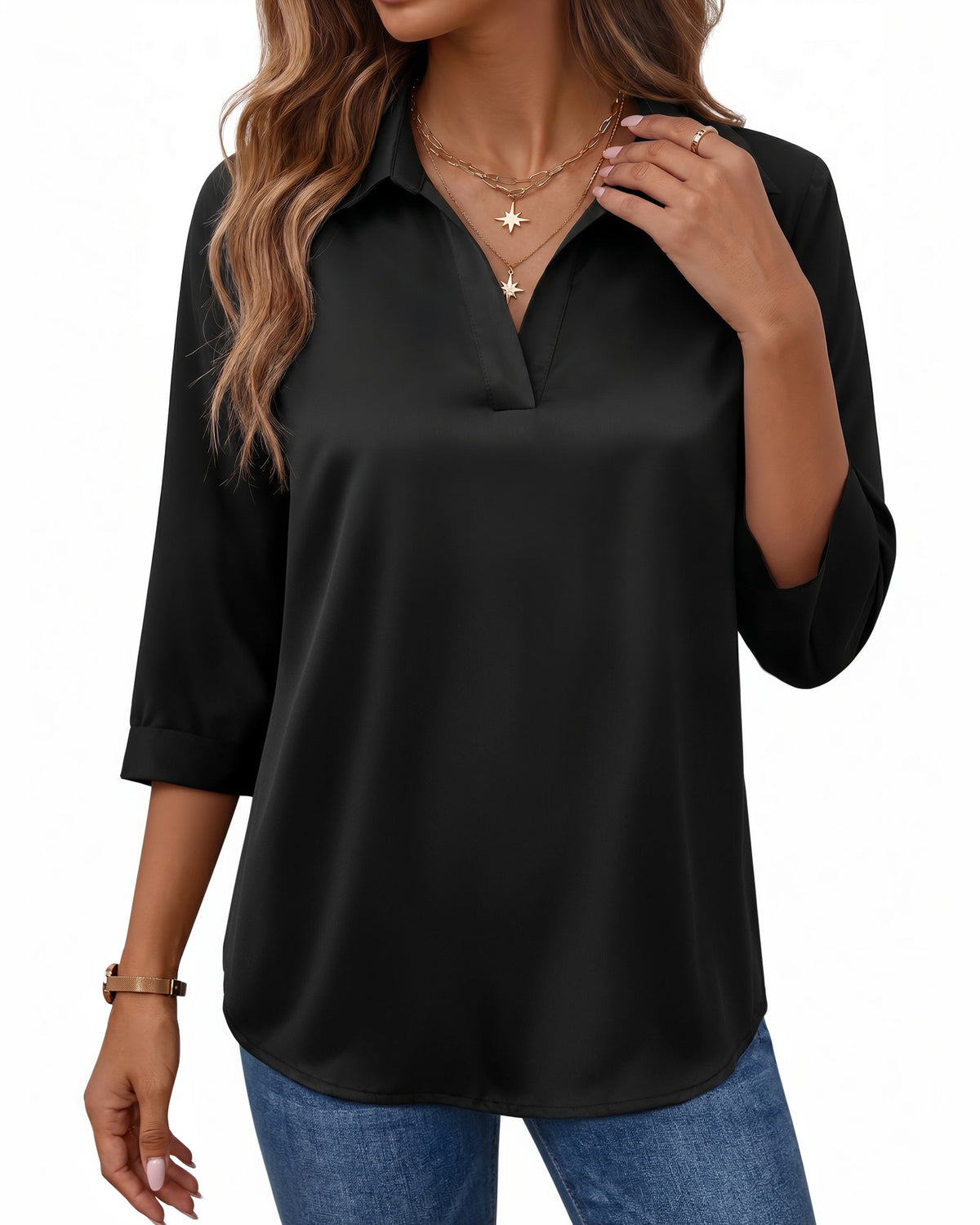 MANGOPOP Satin Tunic V-Neck 3/4-sleeve Blouse Black