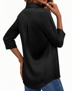 MANGOPOP Satin Tunic V-Neck 3/4-sleeve Blouse Black