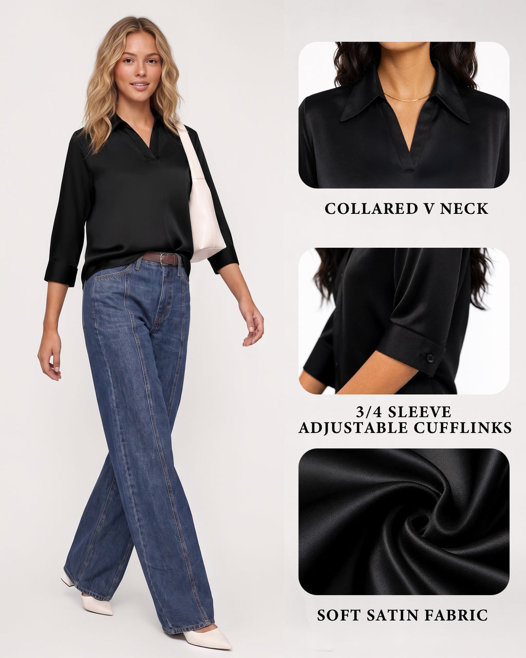MANGOPOP Satin Tunic V-Neck 3/4-sleeve Blouse Black