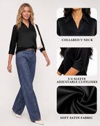 MANGOPOP Satin Tunic V-Neck 3/4-sleeve Blouse Black