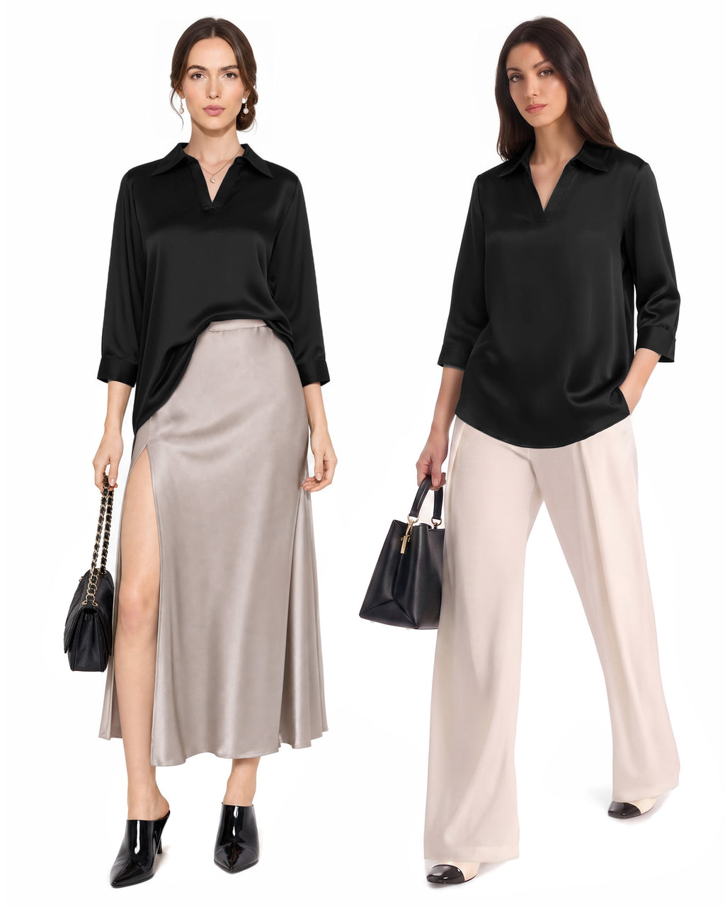 MANGOPOP Satin Tunic V-Neck 3/4-sleeve Blouse Black