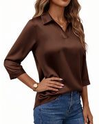 MANGOPOP Satin Tunic V-Neck 3/4-sleeve Blouse Brown