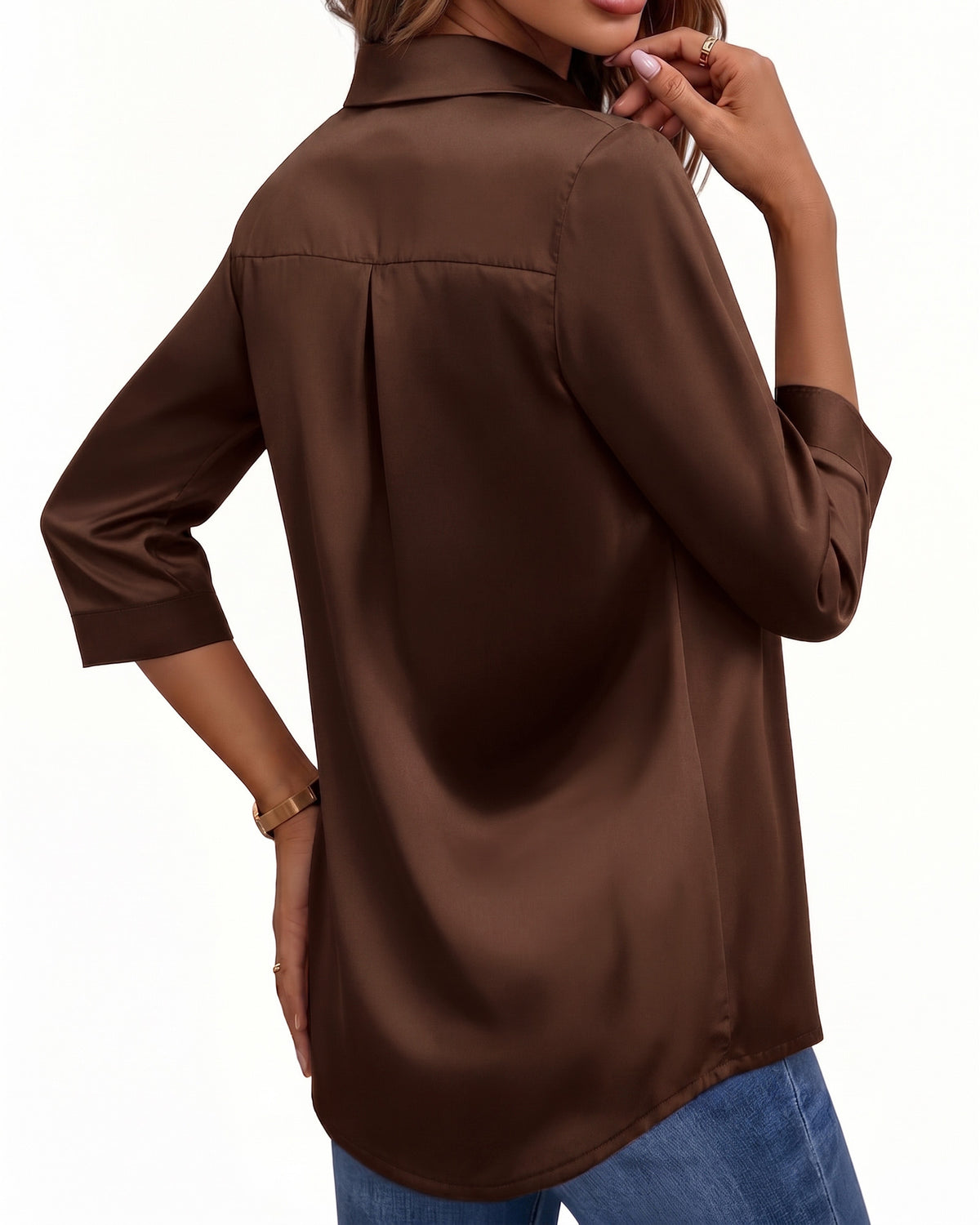 MANGOPOP Satin Tunic V-Neck 3/4-sleeve Blouse Brown