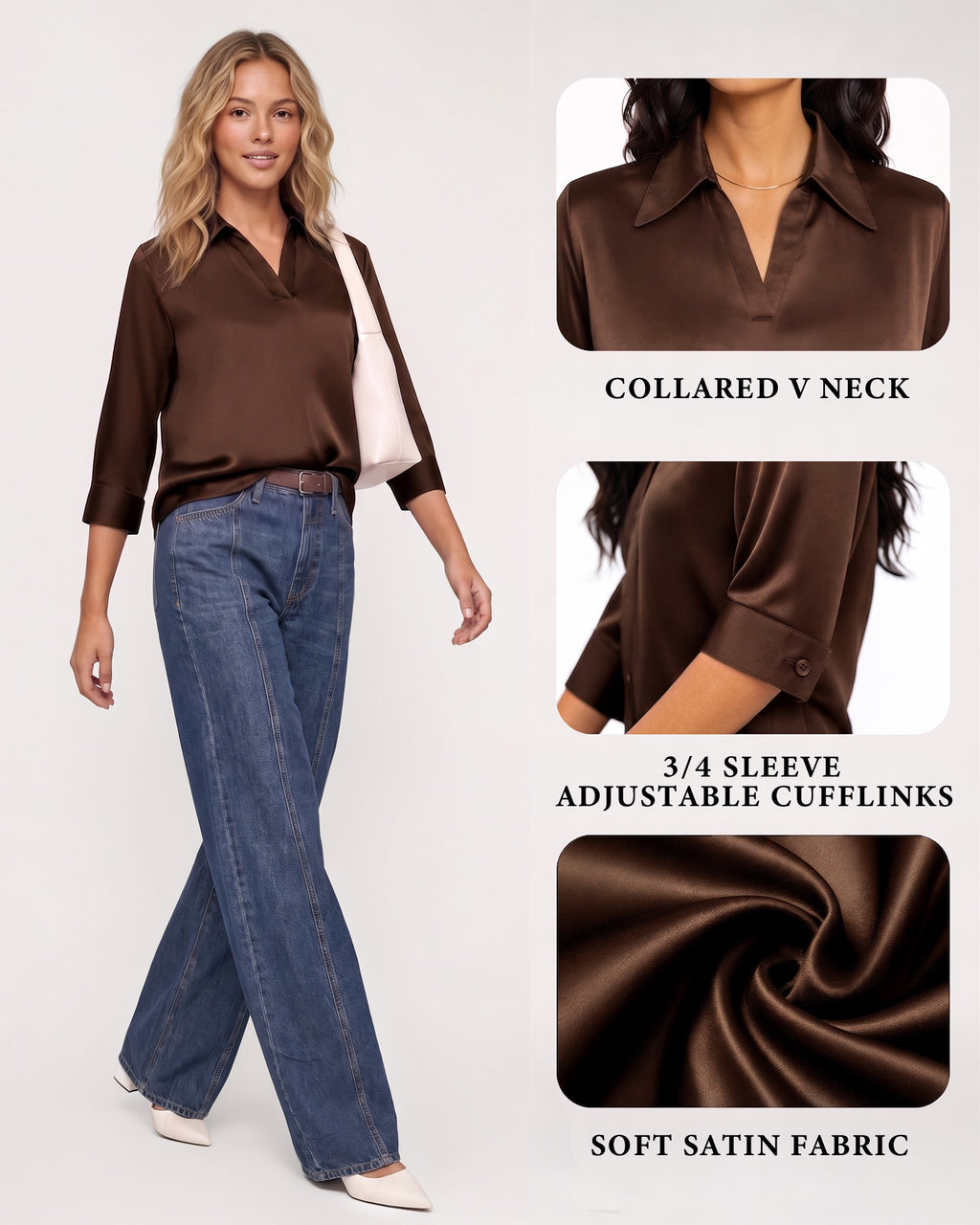 MANGOPOP Satin Tunic V-Neck 3/4-sleeve Blouse Brown
