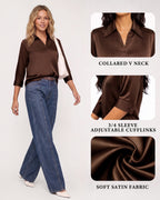 MANGOPOP Satin Tunic V-Neck 3/4-sleeve Blouse Brown