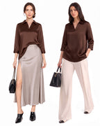 MANGOPOP Satin Tunic V-Neck 3/4-sleeve Blouse Brown