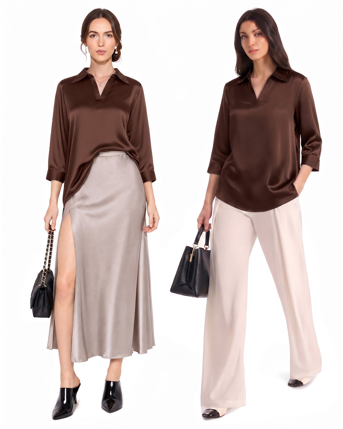 MANGOPOP Satin Tunic V-Neck 3/4-sleeve Blouse Brown