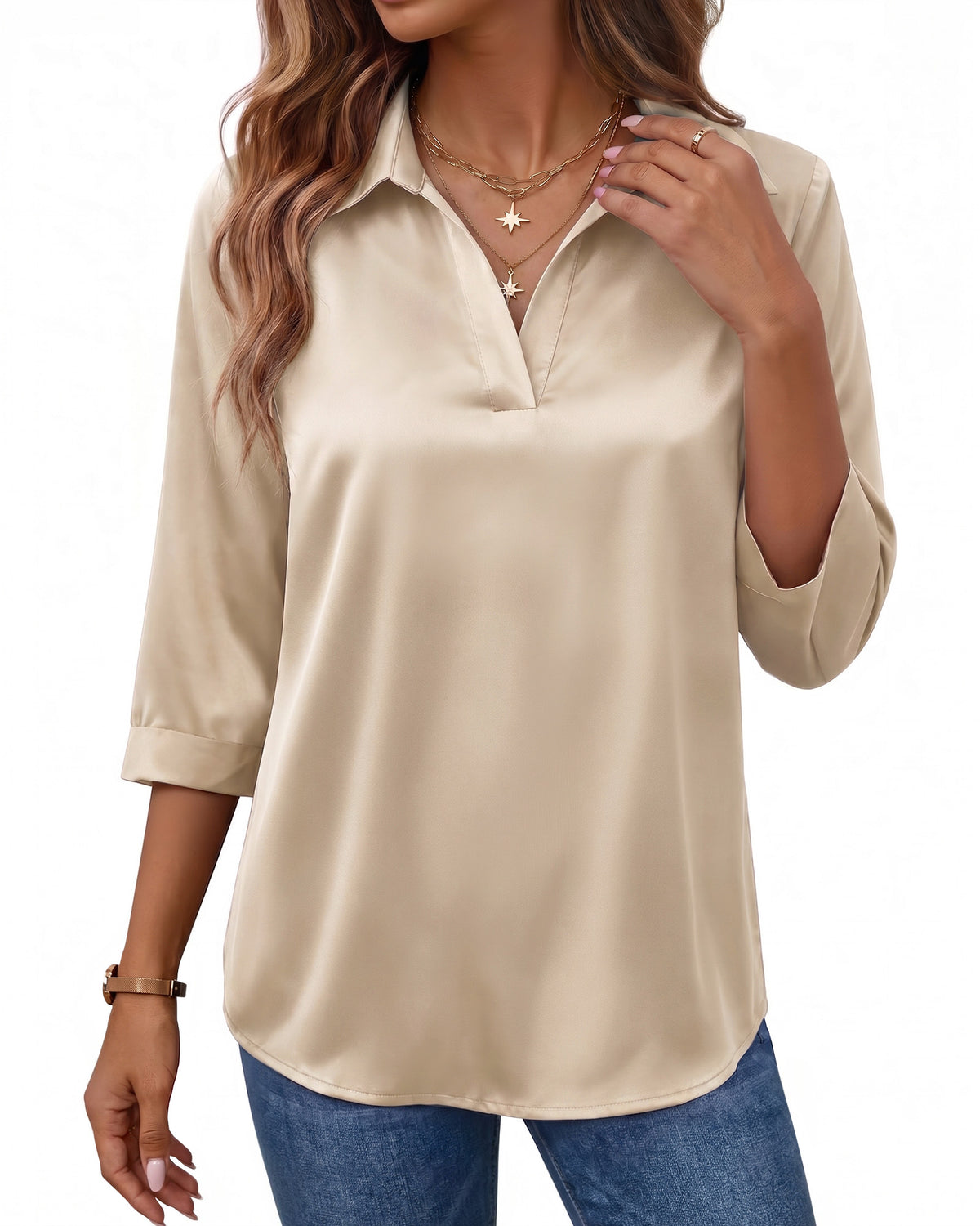 MANGOPOP Satin Tunic V-Neck 3/4-sleeve Blouse Champagne