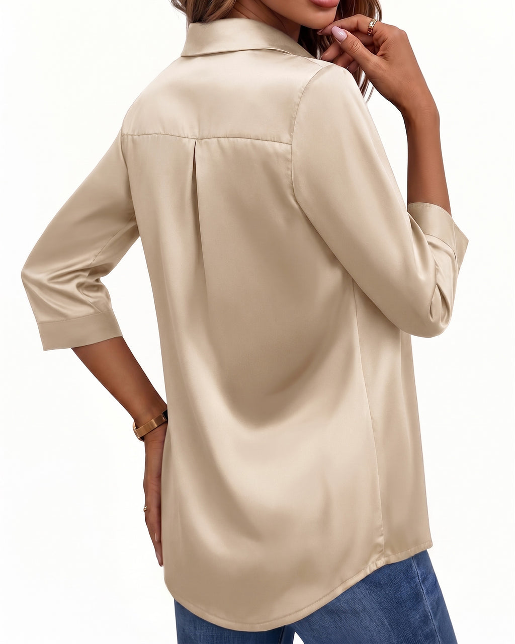 MANGOPOP Satin Tunic V-Neck 3/4-sleeve Blouse Champagne