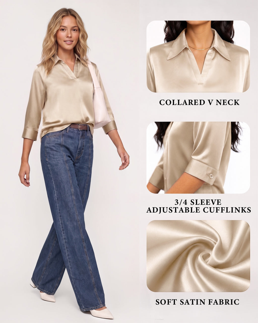 MANGOPOP Satin Tunic V-Neck 3/4-sleeve Blouse Champagne