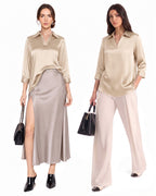 MANGOPOP Satin Tunic V-Neck 3/4-sleeve Blouse Champagne