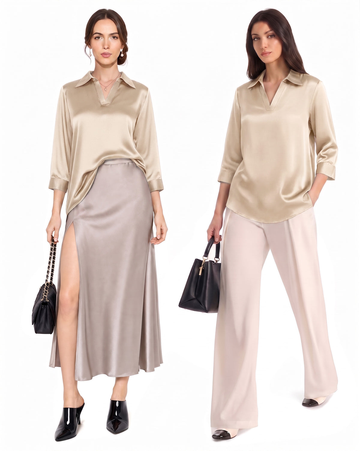 MANGOPOP Satin Tunic V-Neck 3/4-sleeve Blouse Champagne