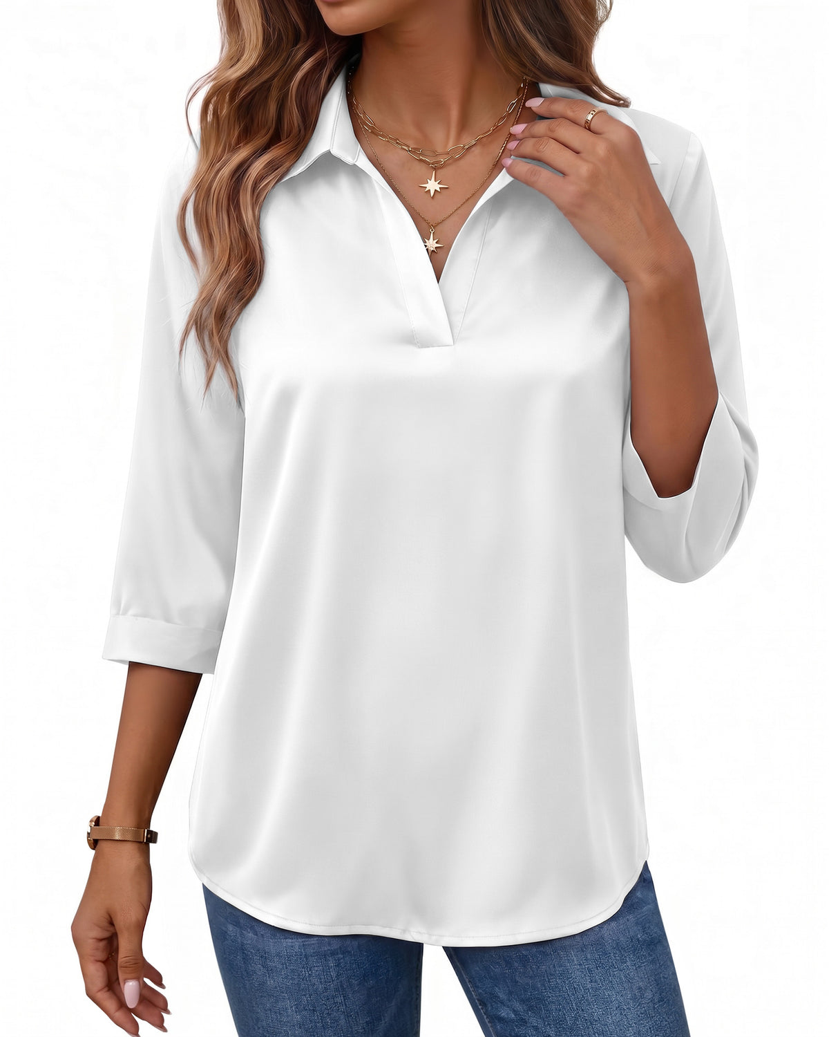 MANGOPOP Satin Tunic V-Neck 3/4-sleeve Blouse White