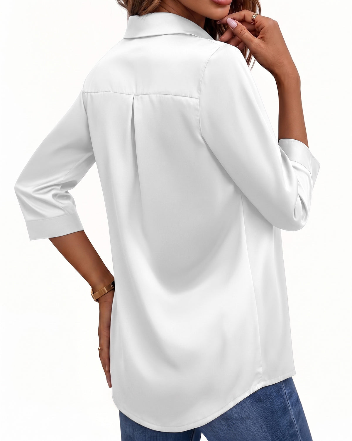 MANGOPOP Satin Tunic V-Neck 3/4-sleeve Blouse White