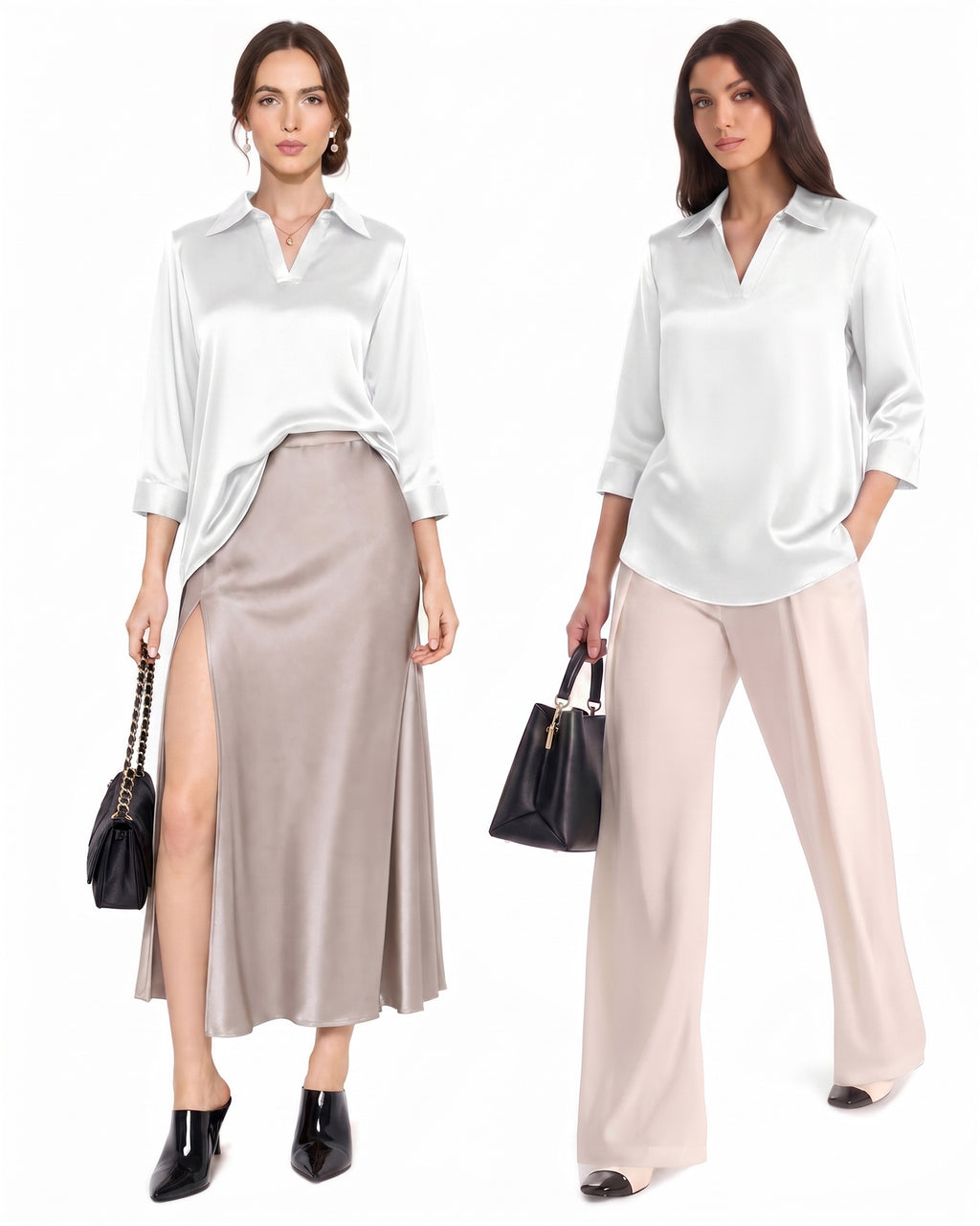 MANGOPOP Satin Tunic V-Neck 3/4-sleeve Blouse White