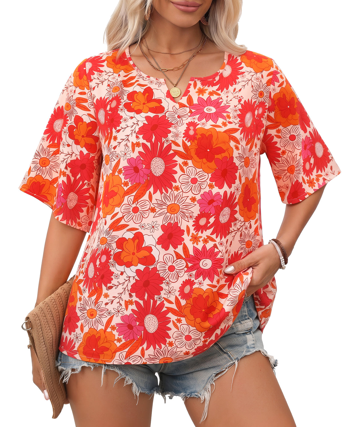 MANGOPOP Boho Floral V-Neck 3/4-sleeve Tunic Sunflower Top Sunflower
