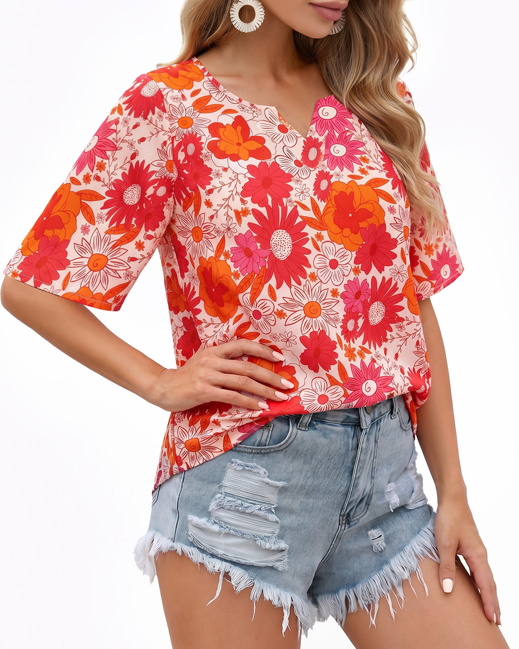 MANGOPOP Boho Floral V-Neck 3/4-sleeve Tunic Sunflower Top Sunflower