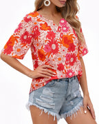 MANGOPOP Boho Floral V-Neck 3/4-sleeve Tunic Sunflower Top Sunflower