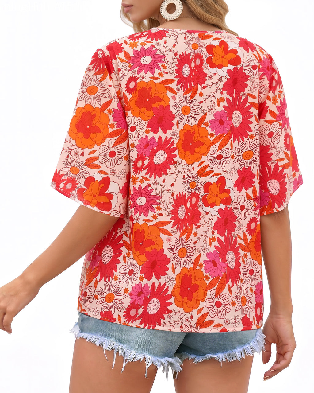 MANGOPOP Boho Floral V-Neck 3/4-sleeve Tunic Sunflower Top Sunflower