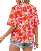MANGOPOP Boho Floral V-Neck 3/4-sleeve Tunic Sunflower Top Sunflower