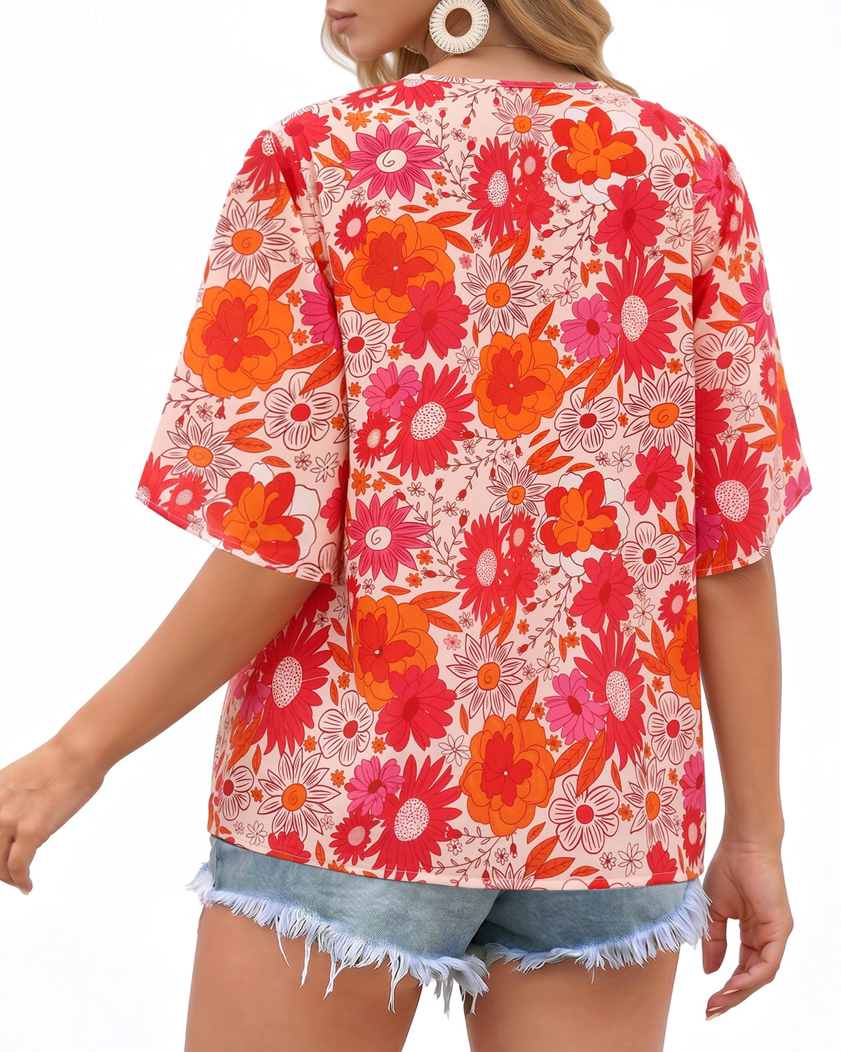 MANGOPOP Boho Floral V-Neck 3/4-sleeve Tunic Sunflower Top Sunflower
